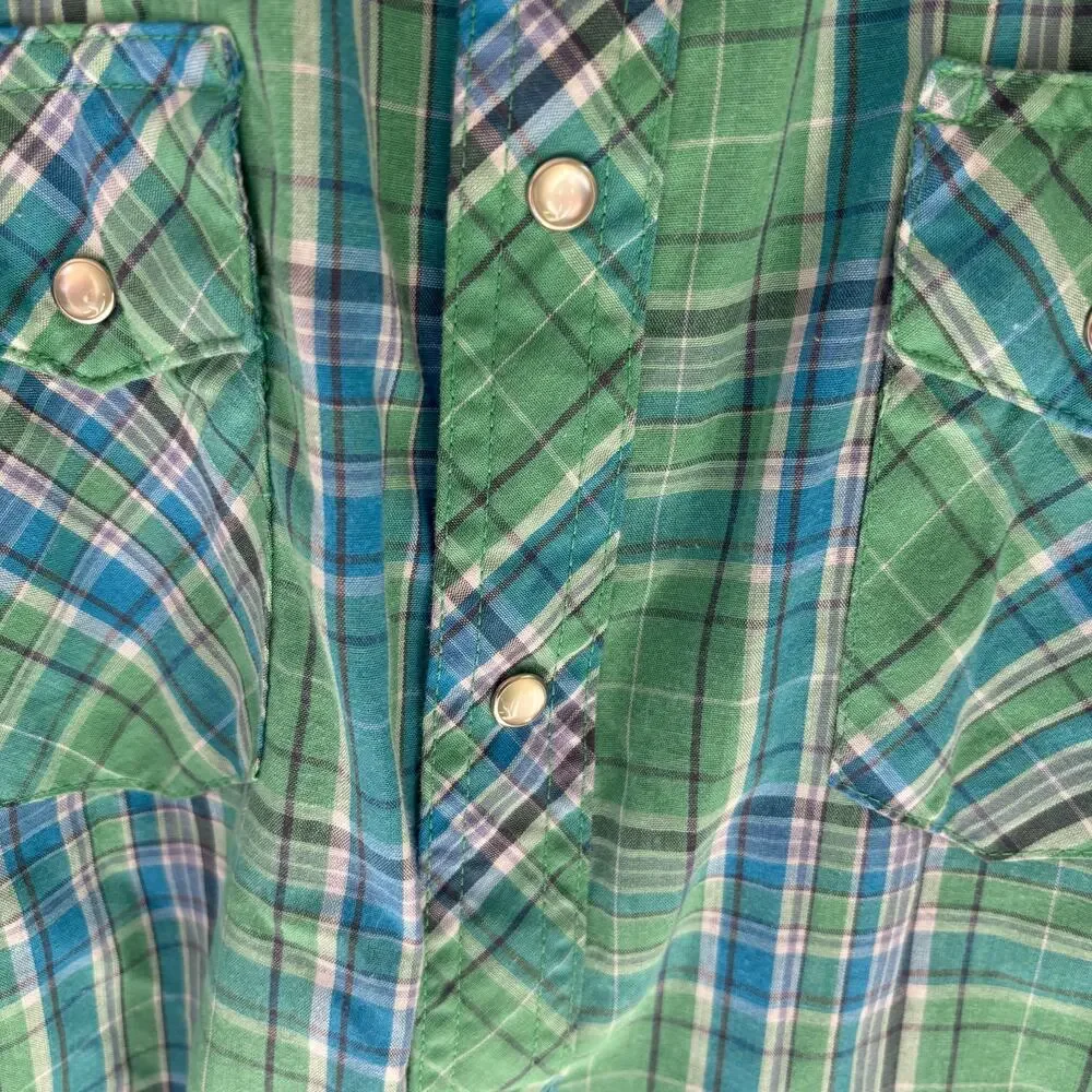 Wrangler Men's Wrancher Shirt Blue Green Plaid Pearl Snap Western Cowboy Sz L